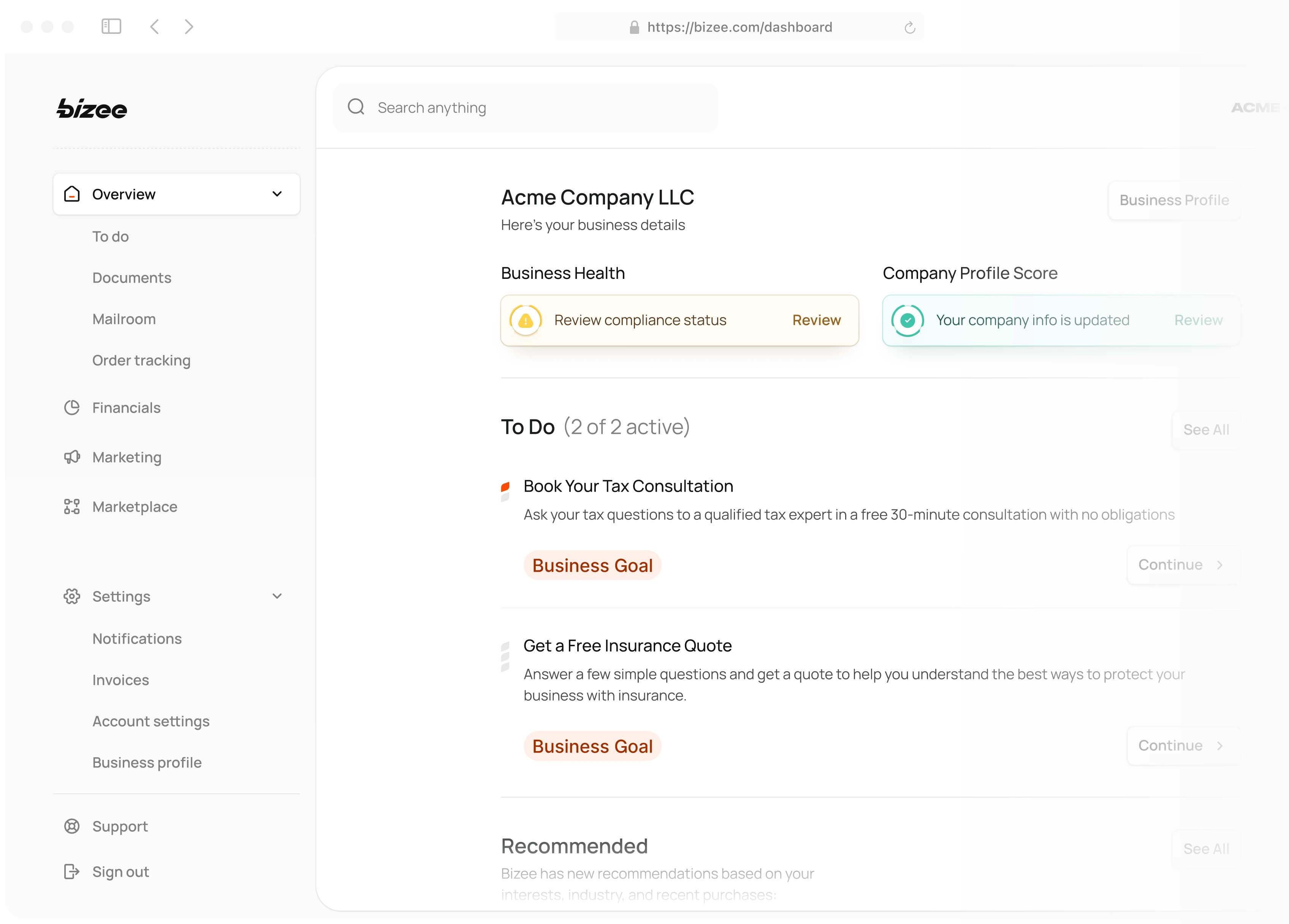 Bizee dashboard interface