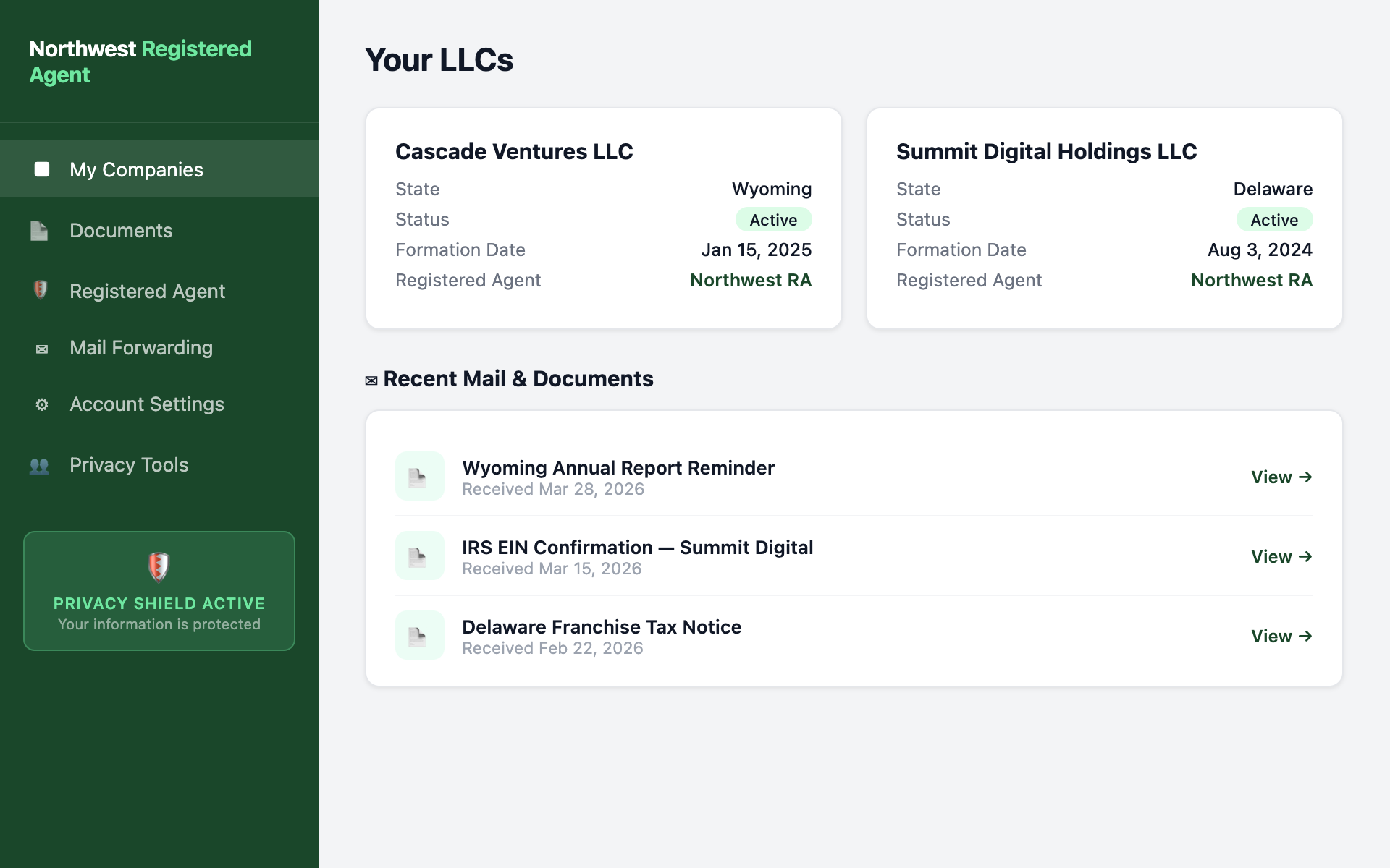 Northwest Registered Agent dashboard interface